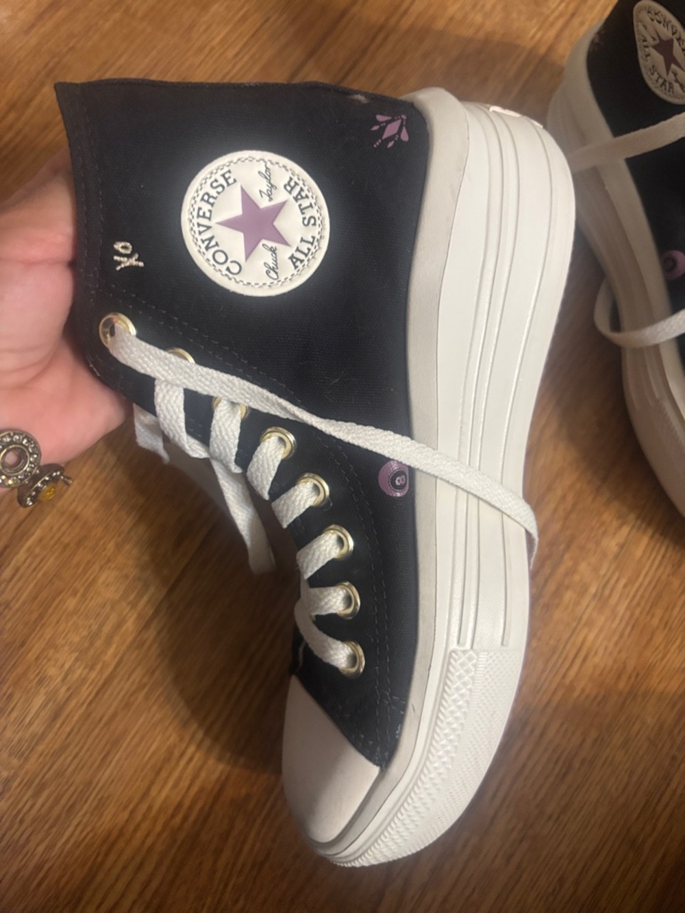 Converse Black High-Top Sneakers with White Trim and Purple Accents - Picture 2 of 3